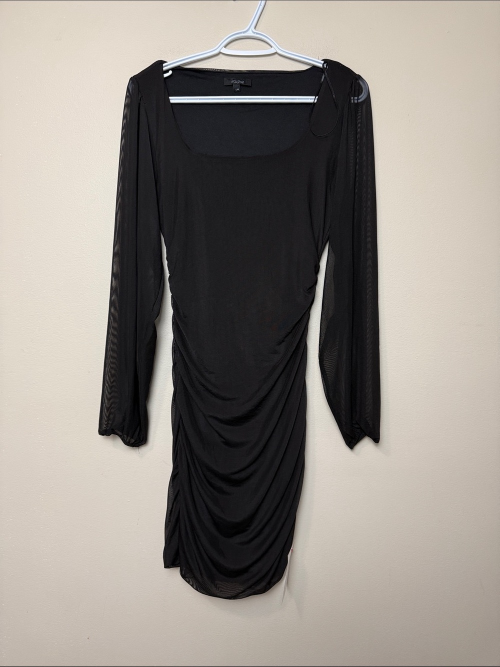 Eclipse y2k Black Ruched Long Sleeve Mesh Dress size L